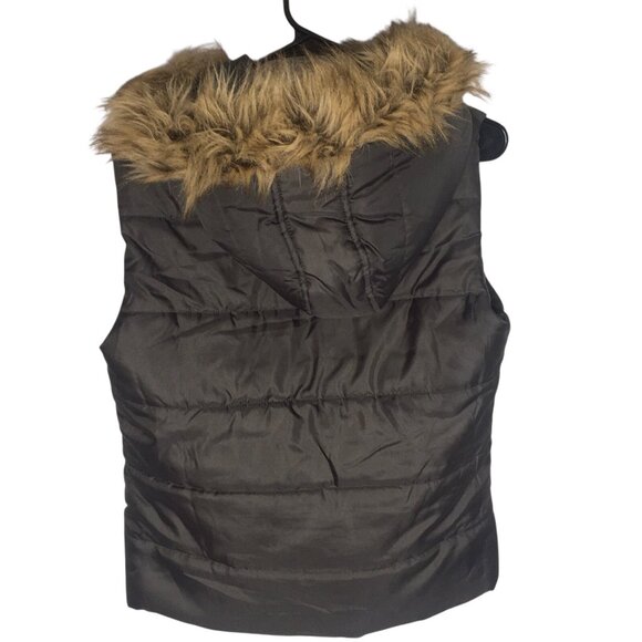 London Fog  Puffer Vest  Faux Fur Hood  Women Medium 90s Warm Full Zip Brown - Picture 5 of 12